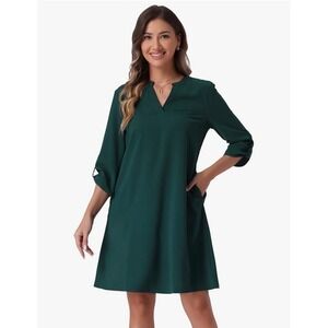 Allegra K Women's Dark Green V Neck 3/4 Sleeve Shift Dress XS Pockets
